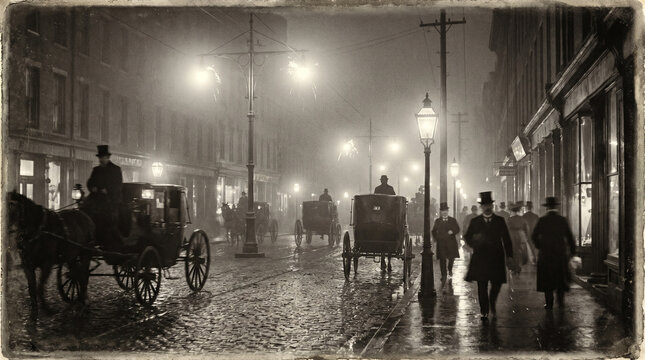Night street in New York with horse carriages in 19th century