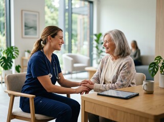 Fototapeta premium Caring healthcare professional engages in warm conversation with elderly patient in serene environment