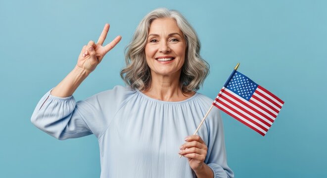 Happy 4th of july independence day usa celebration with smiling senior woman holding american flag