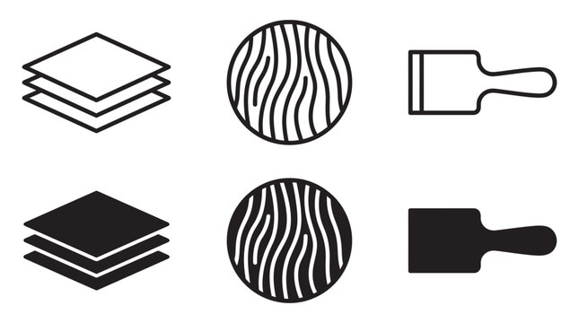 Set of wooden plank layers wood grain texture and hand plane tool icons with carpentry material woodworking handwork