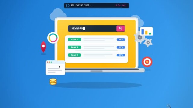 Flat design animated laptop screen displaying search engine optimization keyword ranking metrics, percentage bars, and a magnifying glass. Ideal for digital marketing videos.