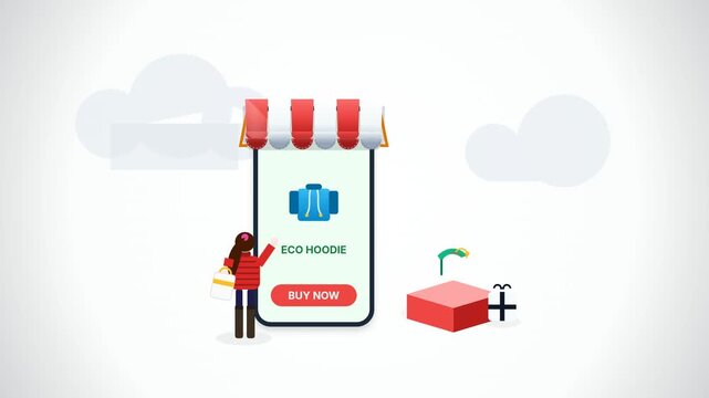 Flat design motion graphics animation of a female shopper scrolling through apparel products like gold boots and chic muffs on a smartphone storefront. Perfect for retail apps.