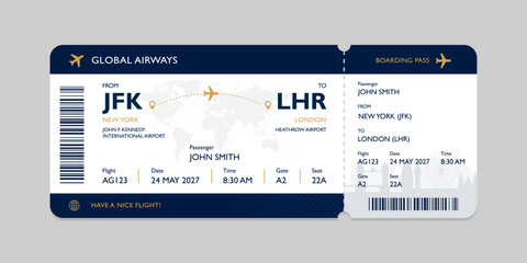 Realistic illustration of airplane ticket boarding pass with passenger name and destination. Concept of travel, journey or business trip. © Ice pick