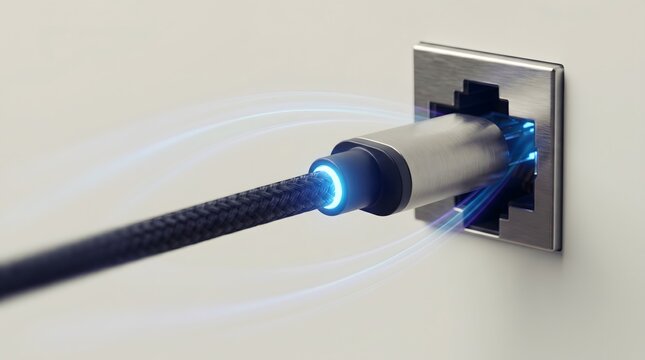 Modern charging cable connecting to port with blue energy flow