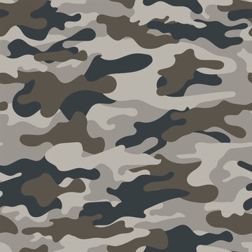 Classic Military Woodland Camo Background, Muted Charcoal and Brown Tactical Camouflage Seamless Pattern Vector