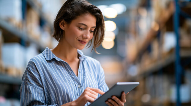 A woman works softly at a bright distribution warehouse taking calm inventory using a bar code reader and tablet in soft daylight inventory scan open face bright warehouse