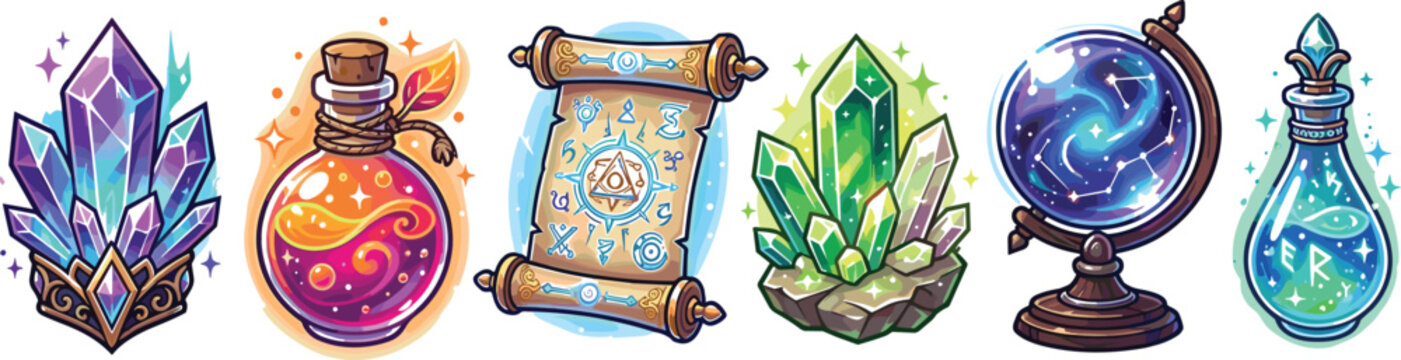 Fantasy Magic Item Vector Icon Set Featuring Potion Bottles, Crystals, Spell Scroll, and Astrology Globe for RPG Game Interface and Graphic Designs
