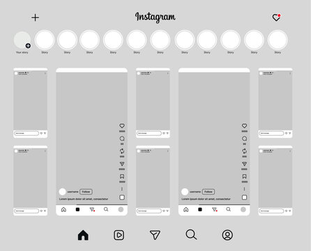 Instagram Reels, Stories, Story Bar, Social Media Feed, Bottom Navigation Icons and Social Network Mobile App UI Wireframe Kit