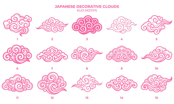 Japanese Cloud Motifs Vector Set, Decorative Sky Clouds Illustration