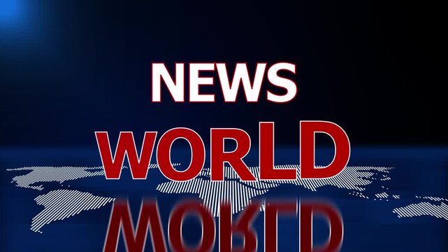 News world title over stylized dotted world map with reflection on dark studio background animation
