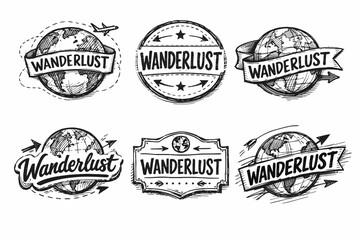 Fototapeta premium Wanderlust travel emblems and symbols collection for exploring global adventures. Featuring hand-drawn sketch vintage logos with globe elements. Arrows