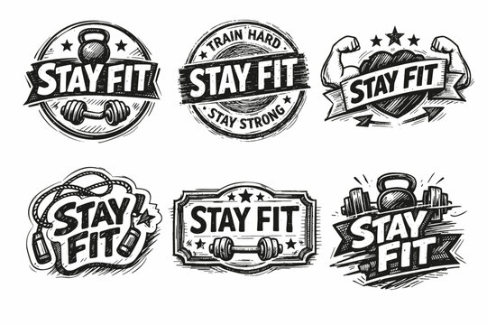 Stay fit vintage labels collection showing hand drawn badges with kettlebell, dumbbell, skipping rope, and flexing muscular arms for workout, fitness, and gym concepts