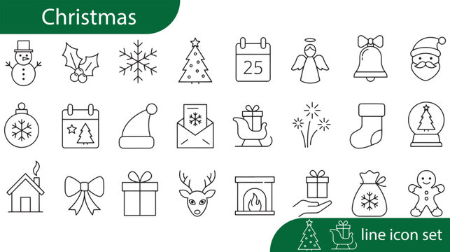 Christmas line icon set. New year, xmas, santa claus, christmas tree, holiday, gift, snowman, elf, angel.