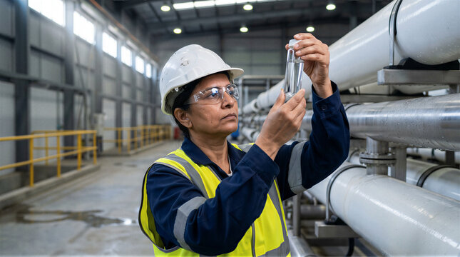 Female chief engineer inspecting reverse osmosis water sample at modern urban desalination plant