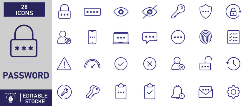 A set of 28 password line icons