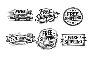 Fototapeta premium Free shipping grunge badges, labels, and stamps collection providing e-commerce, delivery, and logistic concepts for online business promotion and special offers