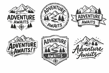 Fototapeta premium Adventure awaits labels and badges presenting outdoor exploration concepts with mountain landscapes, pine trees, compasses, and winding paths in a hand-drawn, vintage etching style