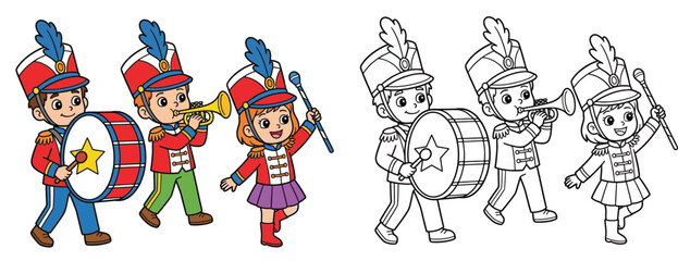 Fototapeta premium Kids marching band coloring book page vector illustration Children playing drum trumpet and baton twirler in color and outline