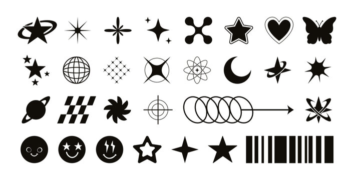 Set with different Y2k elements for design. Trendy geometric brutalism forms, elements. Simple shapes forms, symbols and frames y2k style