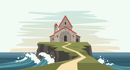 Naklejka premium Cliffside Church Overlooking Ocean Waves Scenic Illustration