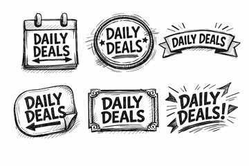 Obraz premium Daily deals doodle sketch set of six vintage hand-drawn labels and banners, ideal for marketing, promotions, discounts, sale stickers, tags and retro advertising designs