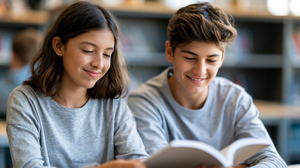Obraz premium Students read softly a calm book at a bright school library and laugh in soft daylight library laugh open faces bright library daylight workspace soft book reading moment