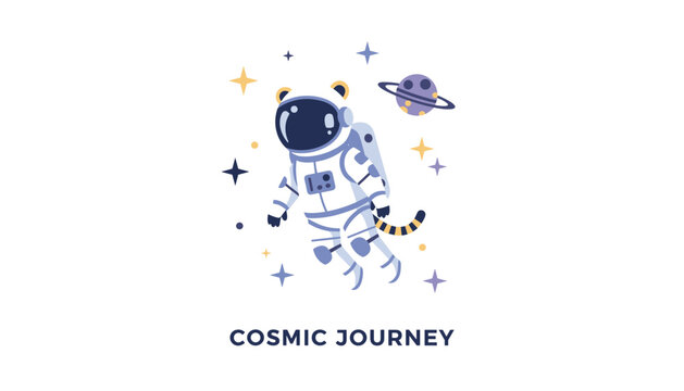 Cute astronaut cat wearing a space suit floating among colorful stars and planets with cosmic journey lettering.