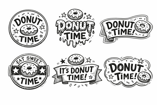 Donut time hand drawn label collection showcasing multiple pastry badge designs with sprinkles, stars, and sweet text for bakery goods advertising