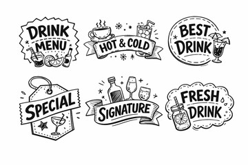 Fototapeta premium Hand drawn drink menu badges collection illustrating various beverage types, including hot, cold, fresh, special, and signature options for a bar or cafe design