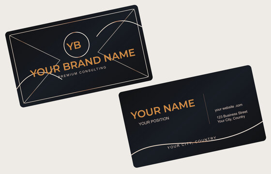 Modern luxury business card template featuring elegant rose gold metallic accents on a dark premium background. Clean geometric lines, sophisticated typography, and professional corporate branding lay