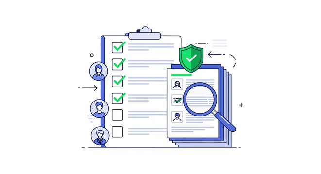Checklist clipboard with magnifying glass.