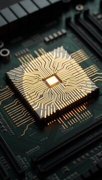 Close up macro of a high tech computer microprocessor chip with intricate golden circuitry on a dark integrated circuit motherboard detailed view of processor unit mounted on board