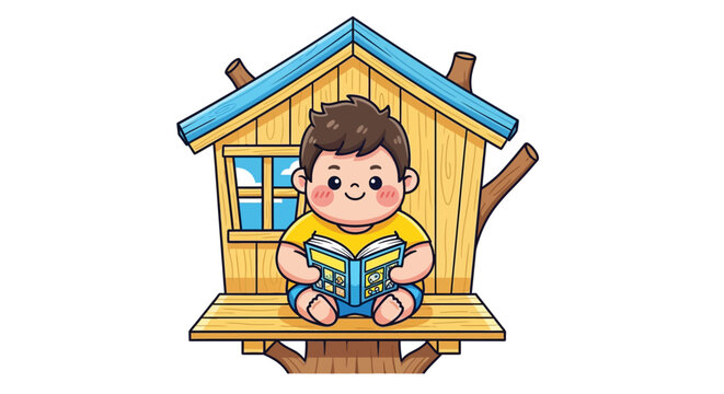 Young Boy Reading Book Inside Cozy Wooden Treehouse.