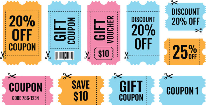 Colorful Discount Coupon and Gift Voucher Ticket Templates with Scissors Cut Lines for Retail Shopping Sales Promotions Vector