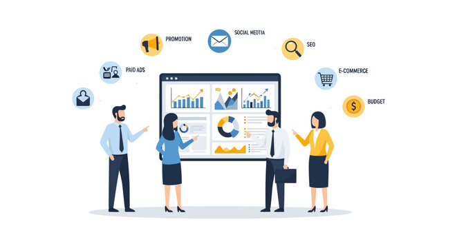 Business people discussing data charts.