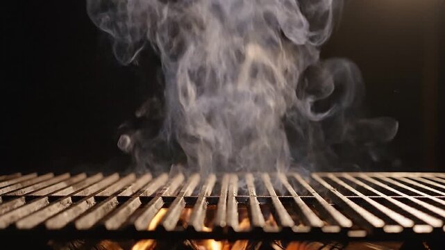 Grill Smoke Rising in Slow Motion Over BBQ Setup, Abstract Smoke Patterns, Cinematic Dark Background