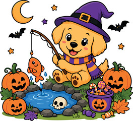 Cheerful Halloween Dog Fishing In Spooky Pond With Witch Hat Pumpkins