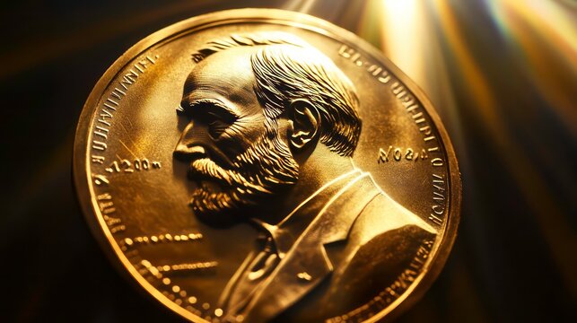 Portrait of Alfred Nobel on a gold medallion, shining under a spotlight, honoring the legacy on Nobel Prize Day