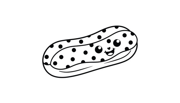 Cute cartoon chocolate eclair dessert with a smiling face and sprinkles drawn in clean black and white line art.