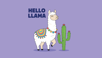 Naklejka premium Adorable cartoon illustration of a cute white llama standing next to a green cactus under hello llama text on purple.