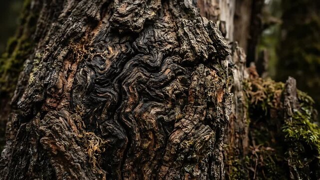Close-up views of textured tree bark highlighting natural ruggedness and intricate patterns in a dense forest setting
