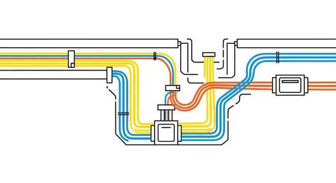 Abstract technology network of colorful pipes and conduits on white background