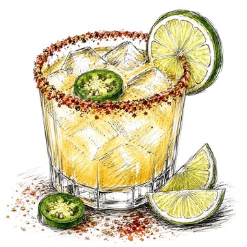 Watercolour illustration of a spicy margarita cocktail garnished with lime and jalape&ntilde;o slices in a salt and chilli-rimmed glass. Colourful hand-painted artwork perfect for cocktail menus, Mexican cui