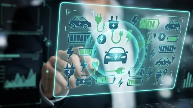 Electric Vehicle Charging and Battery Tech Concept: Floating Neon Cyan and Green Interface Icons with Heavily Blurred Businessman