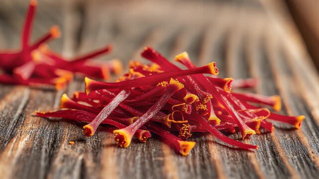 Pile of high quality red saffron threads on dark wooden background. 4K