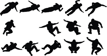 Collection of skydiver silhouettes in various free fall poses and jumping positions isolated on white background © MH STOCK