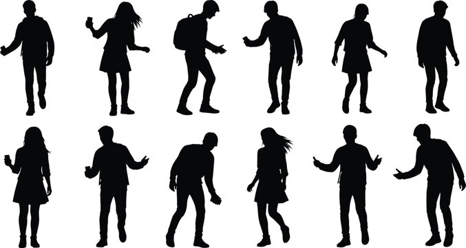 Collection of young men and women silhouettes walking dancing and using mobile phones isolated on white background