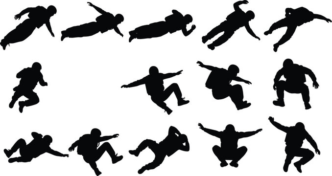 Collection of skydiver silhouettes in various free fall poses and jumping positions isolated on white background