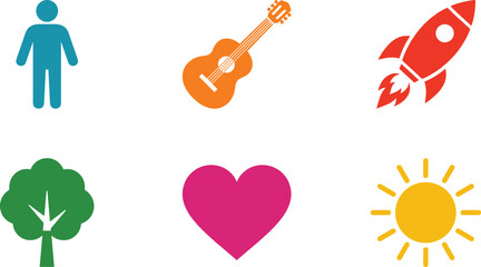 Simple Colorful Vector Icon Set Featuring Man Silhouette, Acoustic Guitar, Rocket Ship, Green Tree, Heart, and Sun Elements for Universal UI UX Designs © Garun Creative