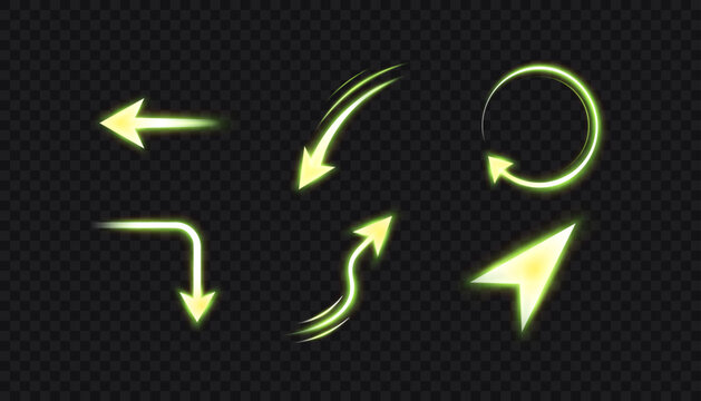 Set of glowing green navigation arrows with curved directions, circular refresh symbol, sharp pointer shape, bright luminous edges, and digital motion style. Vector illustration.